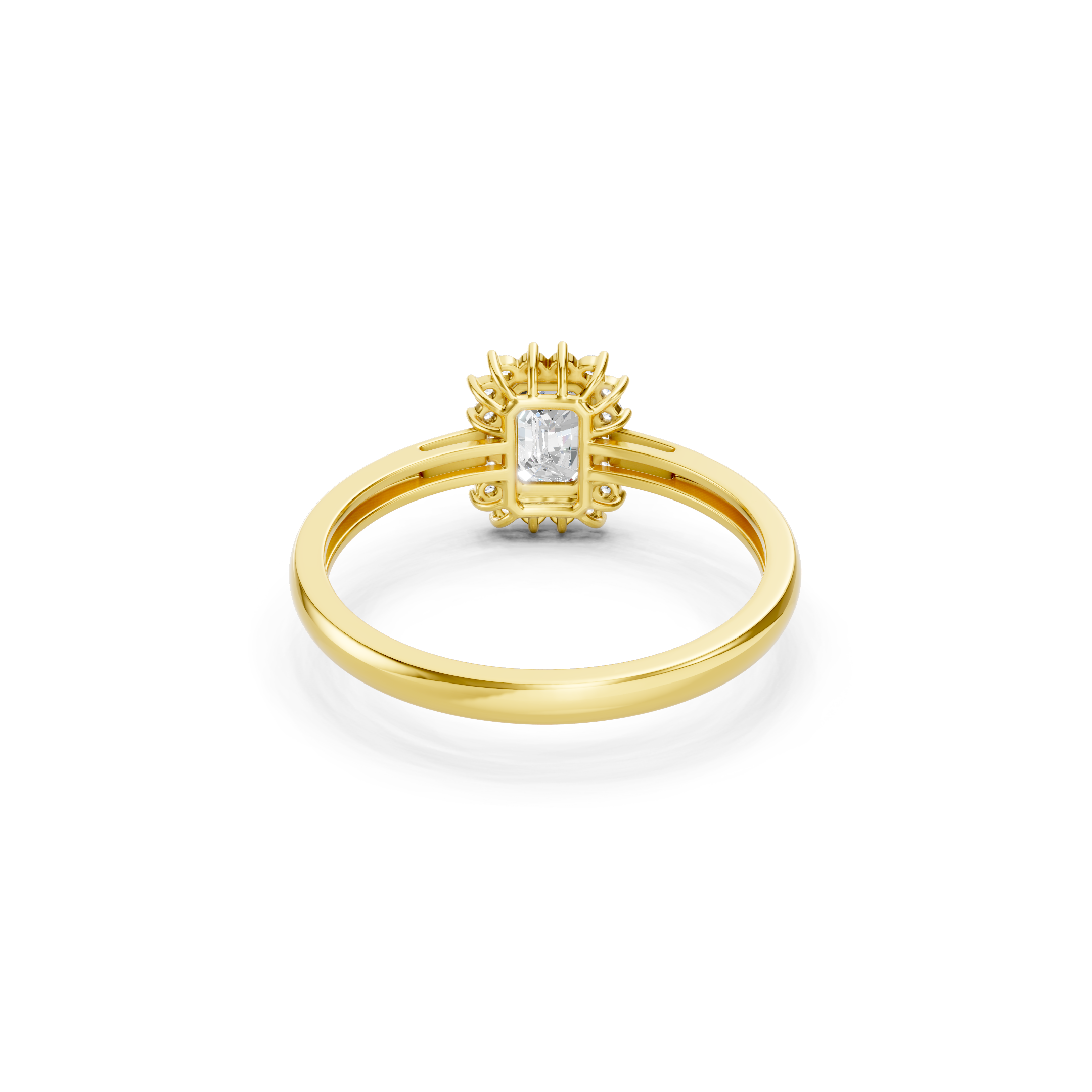 yellow gold emerald cut lab grown diamond engagement ring showing the intricate halo setting, elevated center stone, and polished solid gold band.
