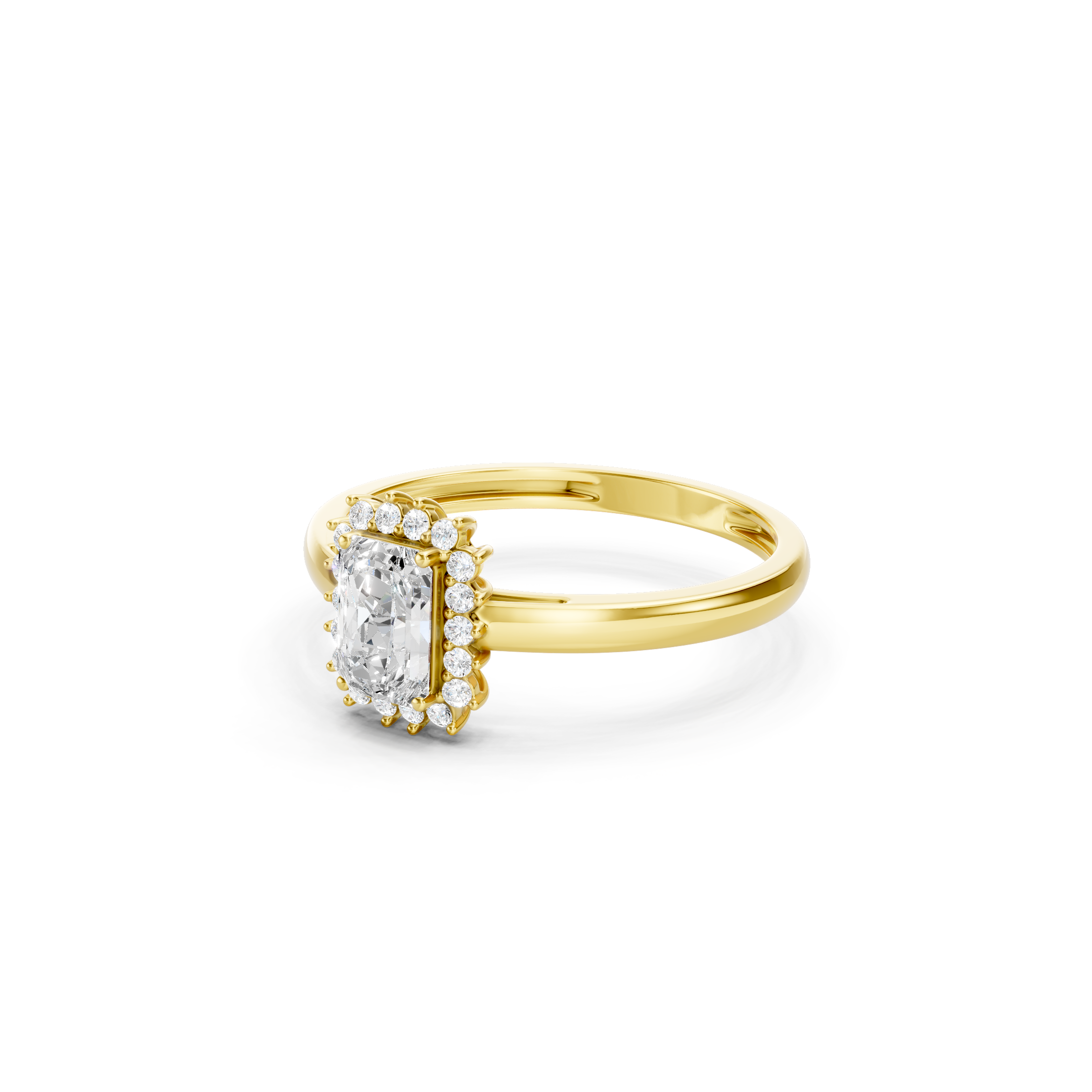 Yellow gold emerald cut lab grown diamond engagement ring with round diamond halo, 1.20 CT total weight, elegant solid gold bridal jewelry.