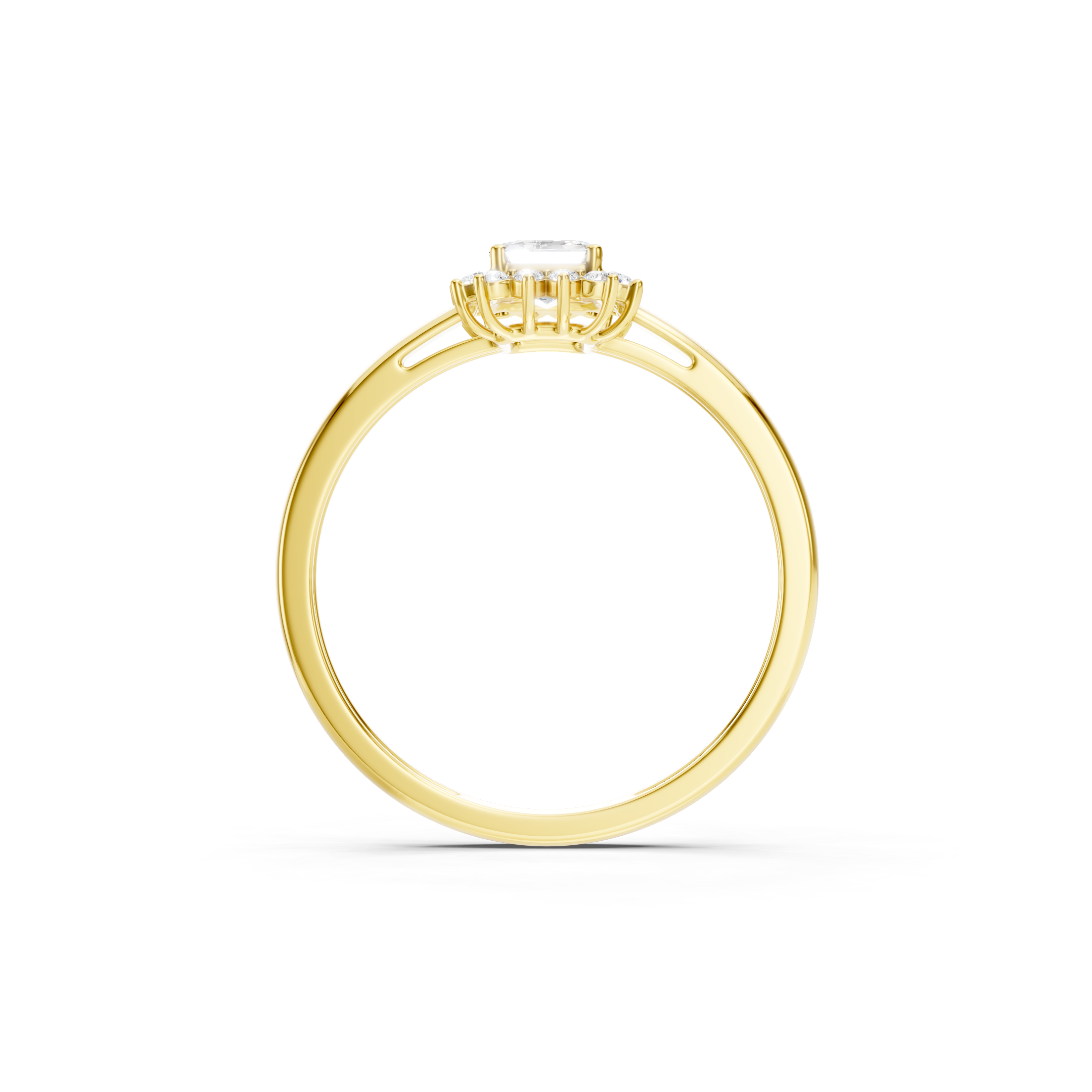 Yellow gold emerald cut lab grown diamond engagement ring with round diamond halo, 1.20 CT total weight, elegant solid gold bridal jewelry.