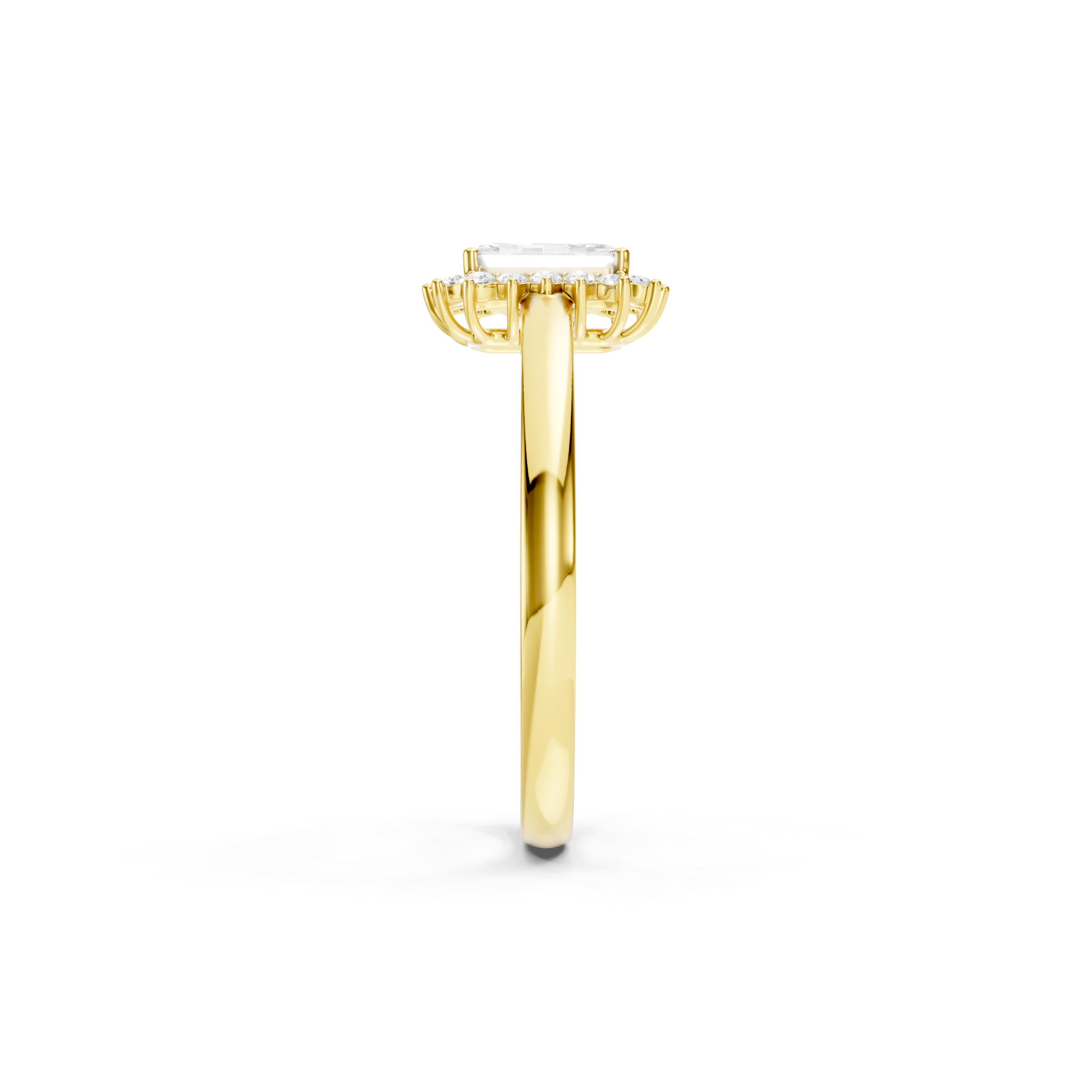 Yellow gold emerald cut lab grown diamond engagement ring with round diamond halo, 1.20 CT total weight, elegant solid gold bridal jewelry.