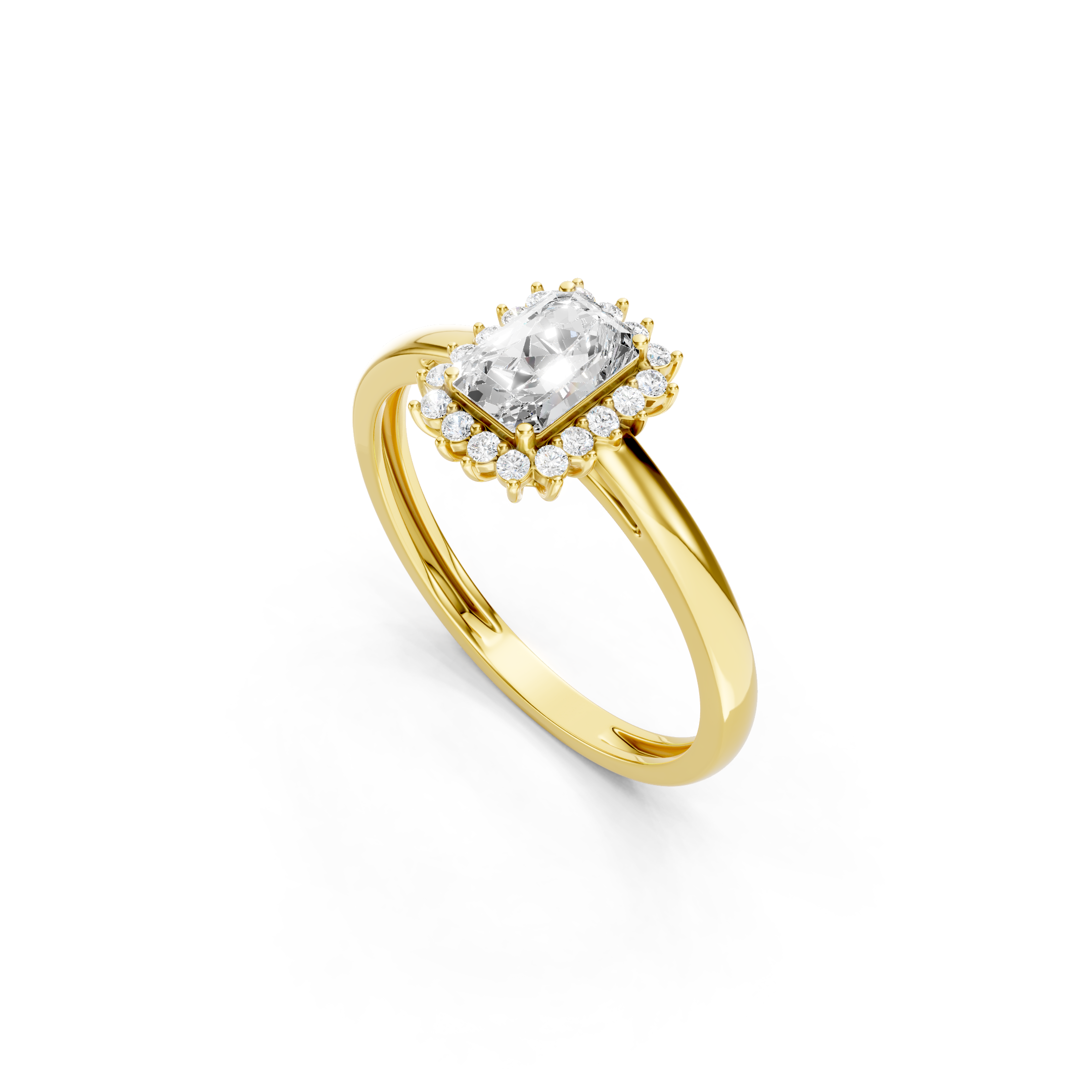 yellow gold emerald cut lab grown diamond halo engagement ring featuring sparkling round accent diamonds and a polished gold band.