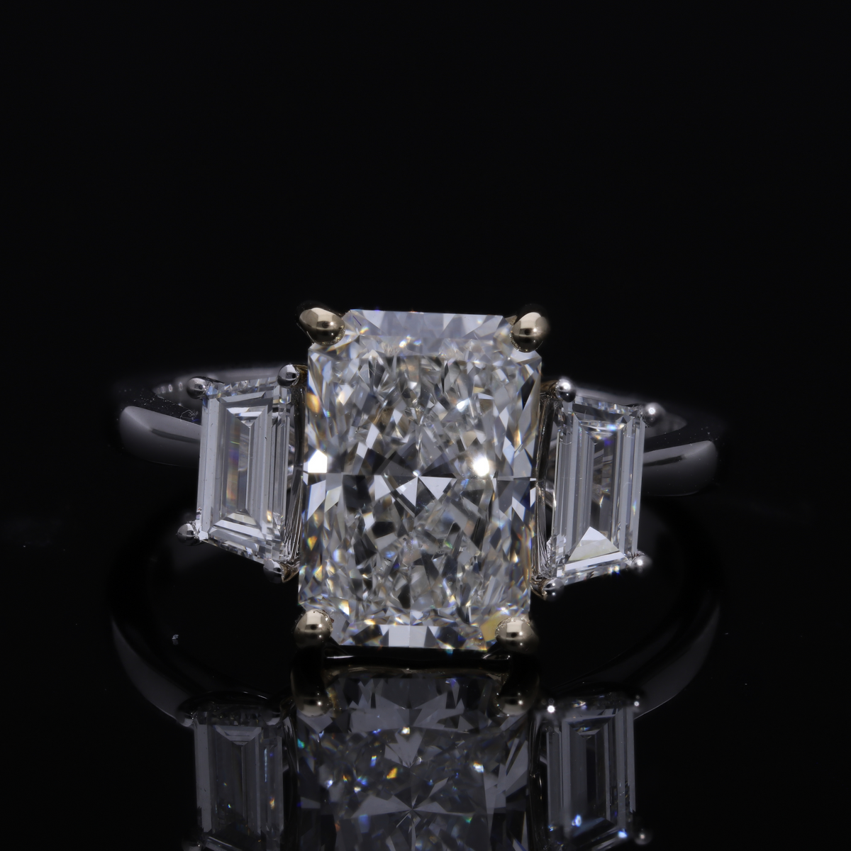 3.60 Ct White Radiant & Trapezoid Cut Labgrown Diamond Three-Stone Ring | 14k White / Yellow / Rose Gold