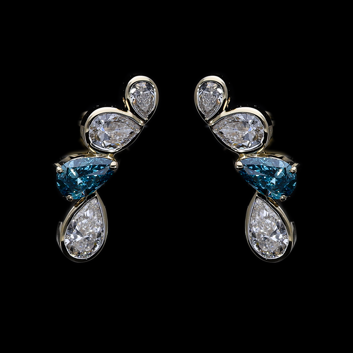 1.10 Ct Blue & White Pear Cut Lab-Grown Diamond Cluster Earrings | 14k Yellow / White / Rose Gold