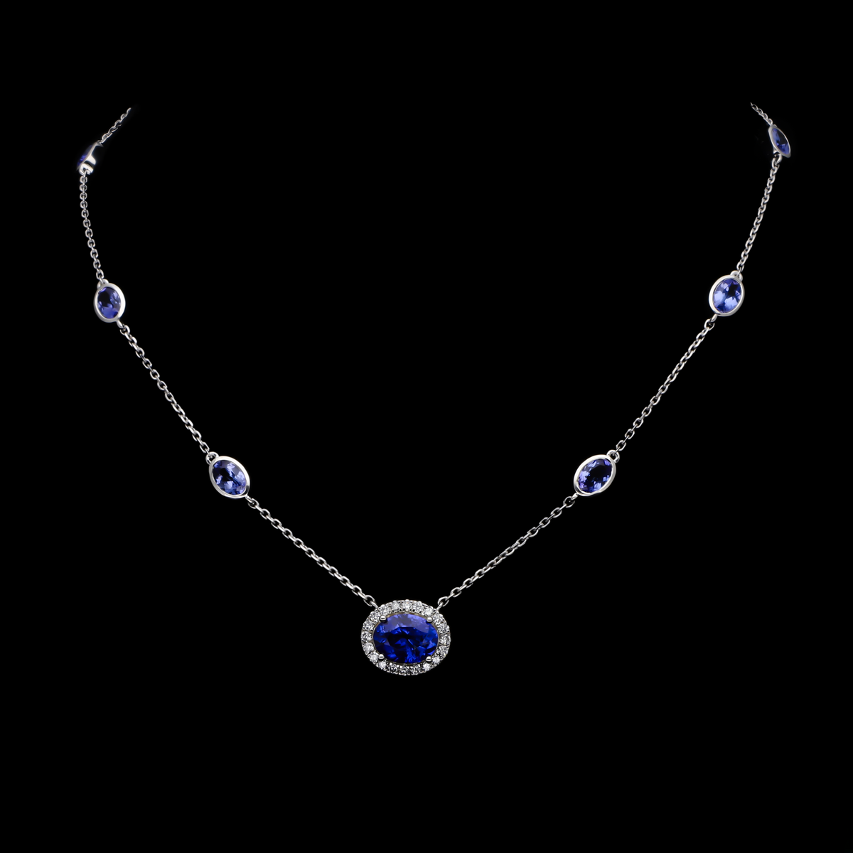 5.50 Ct Oval Cut Tanzanite & 0.30 Ct White Round Cut Lab-Grown Diamond Halo Station Necklace | 14k White / Yellow / Rose Gold
