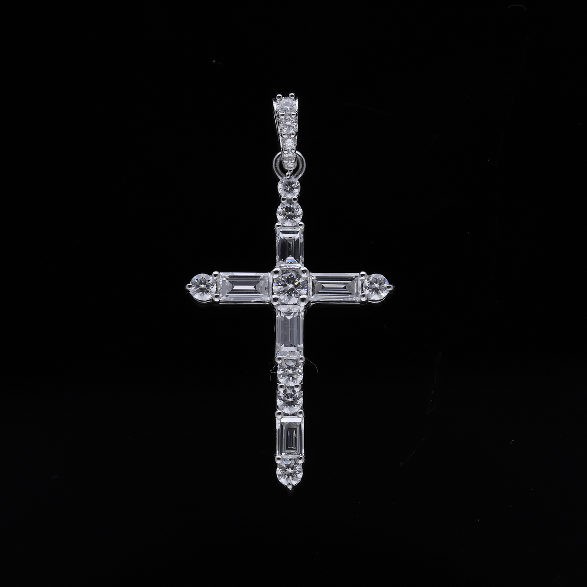 0.80 Ct White Baguette & Round Cut Lab-Grown Diamond Cross Pendant | 14k White / Yellow / Rose Gold