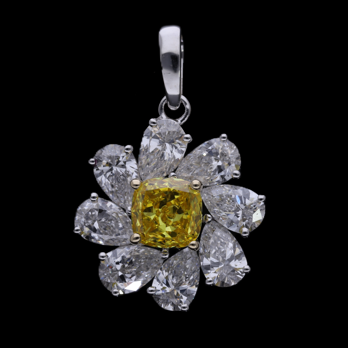 2.70 Ct Yellow Cushion & White Pear Cut Lab-Grown Diamond Flower Pendant | 14k White / Yellow / Rose Gold