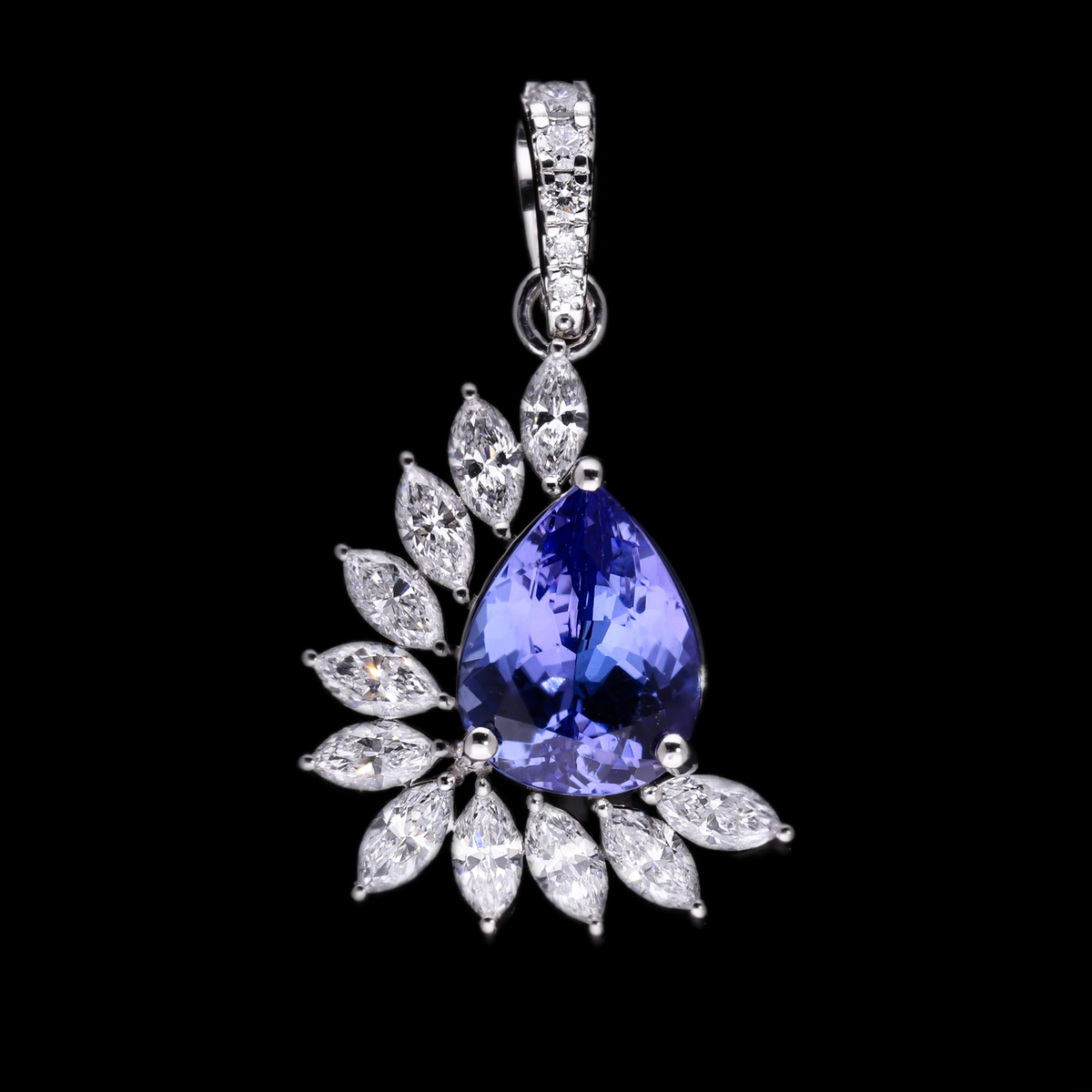 1.90 Ct Pear Cut Tanzanite & 0.80 Ct White Marquise & Round Cut Lab-Grown Diamond Asymmetrical Pendant | 14k White / Yellow / Rose Gold