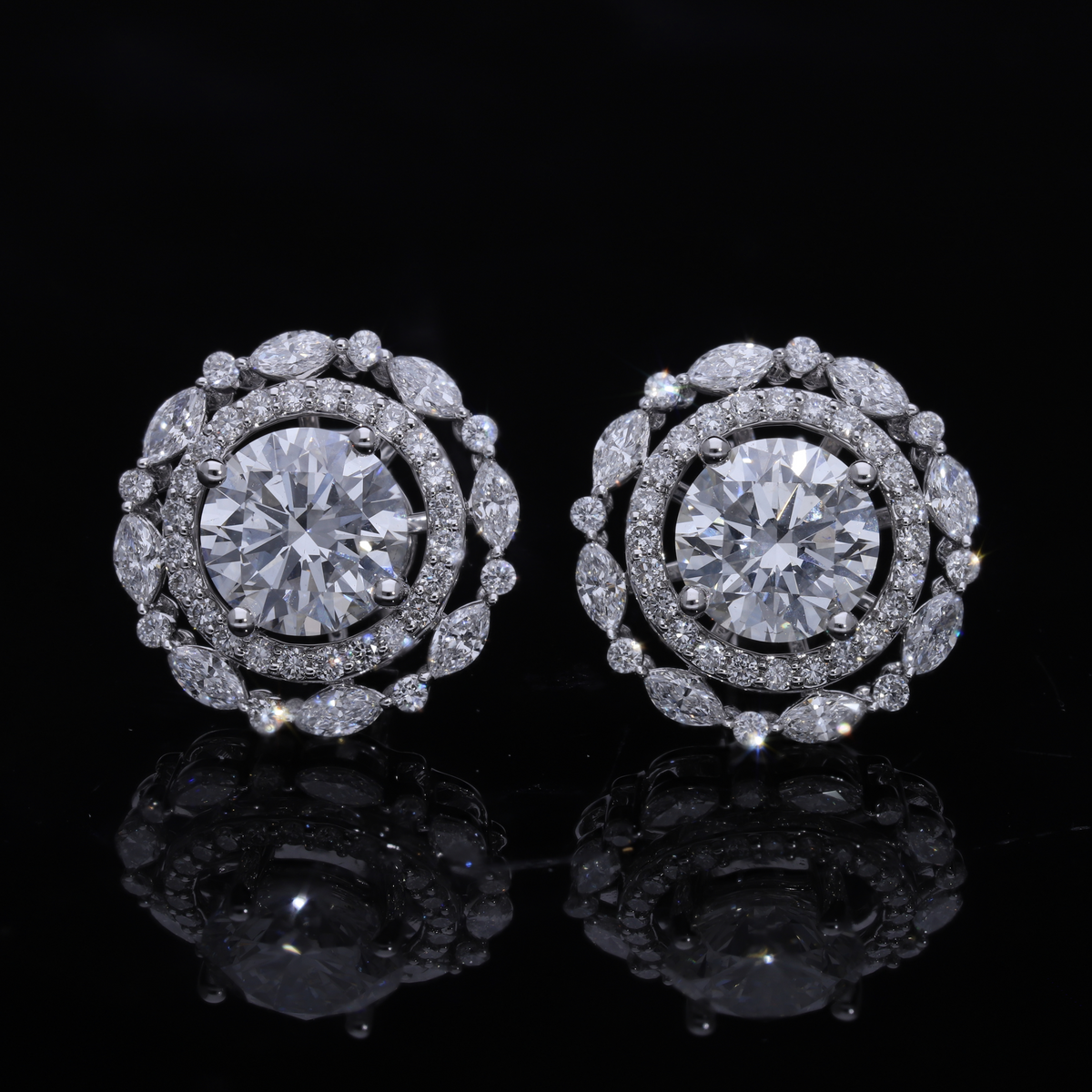 2.90 Ct White Round & Marquise Cut Lab-Grown Diamond Floral Halo Earrings | 14k White / Yellow / Rose Gold