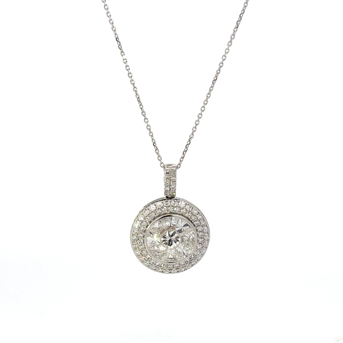 Round-Cut Diamond Pendant with Double Halo in 18K White Gold
