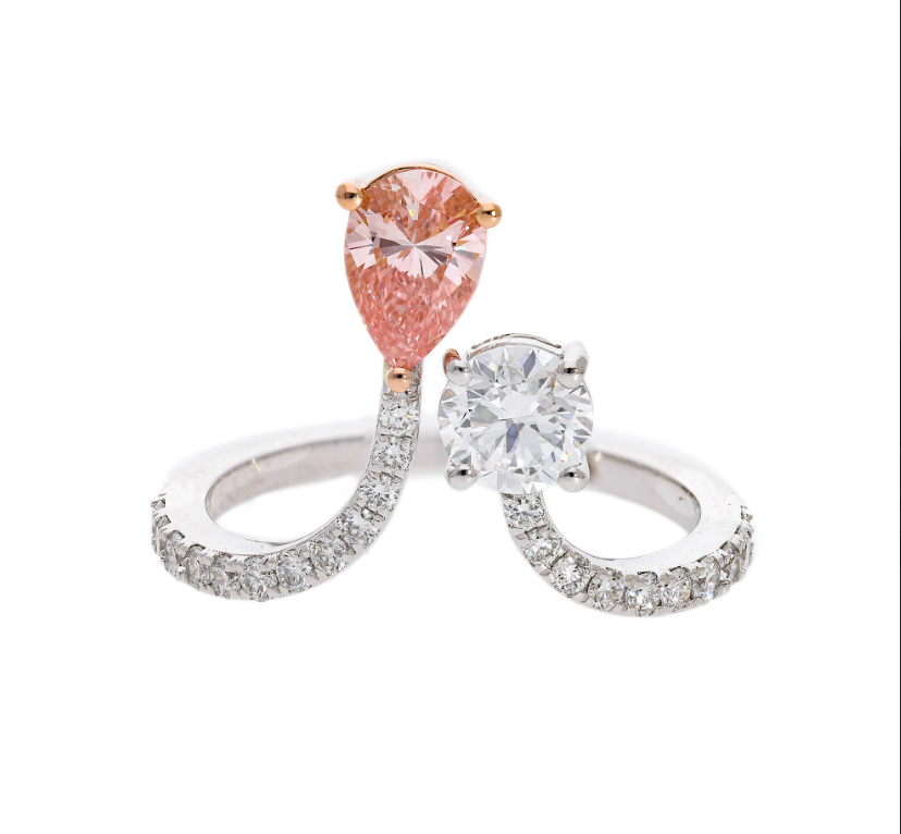 14kt White Gold With Pink Color Pear and Round Brilliant Cut Two-Stone lab grown Diamond Bypass Statement Ring