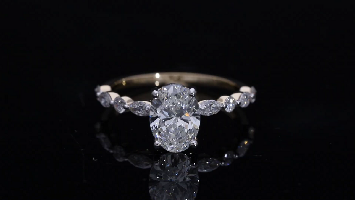 14kt Yellow Gold With Oval Diamond centre Marquise and Brilliant Round lab grown Diamond Engagement Ring