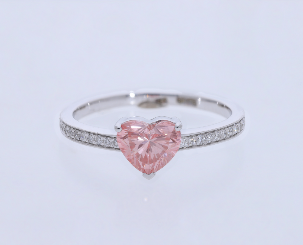 14kt White Gold With Pink color Heart lab grown diamond Engagement Ring with Diamond Pave setting