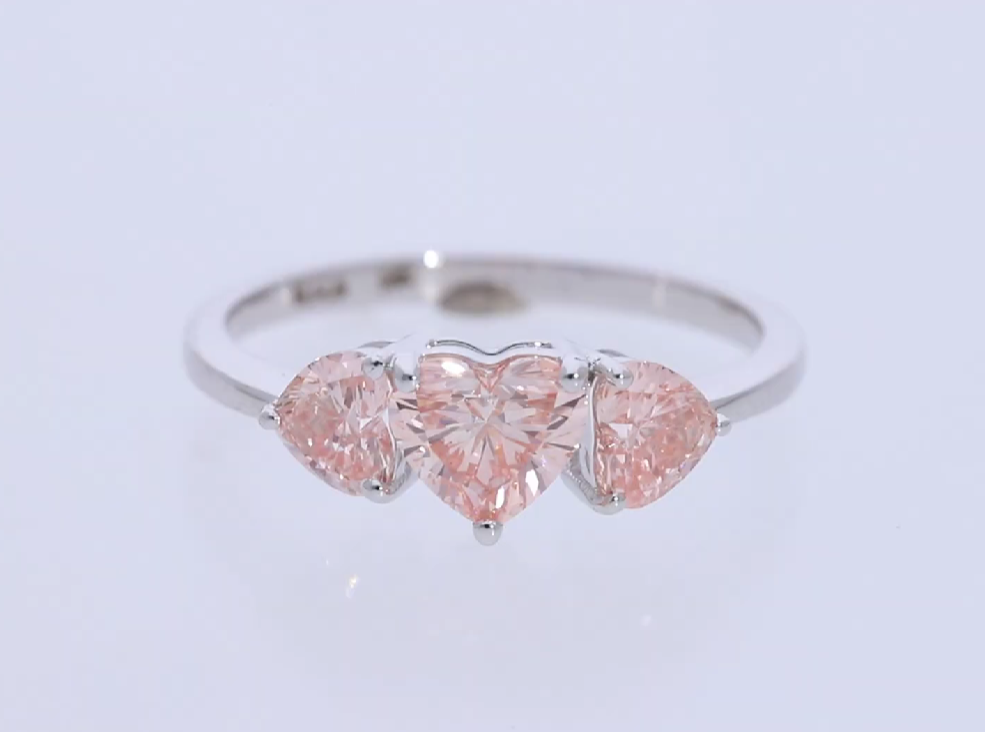 14kt White Gold With The "Eternal Love" Pink color Heart lab grown diamond Trilogy Ring