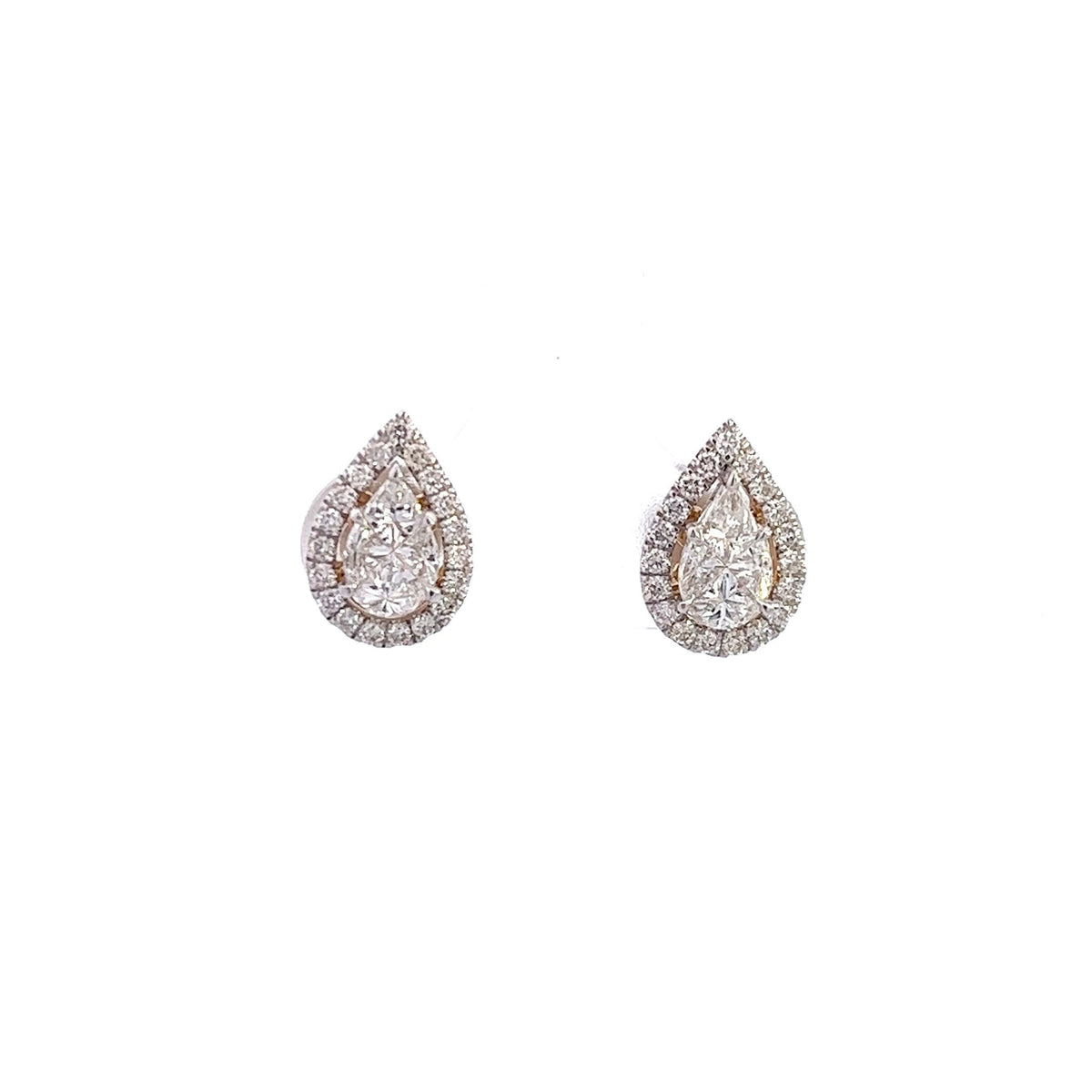 18K Yellow Gold Teardrop Diamond Earrings with VS1+ Center Diamond and Surrounding Diamonds