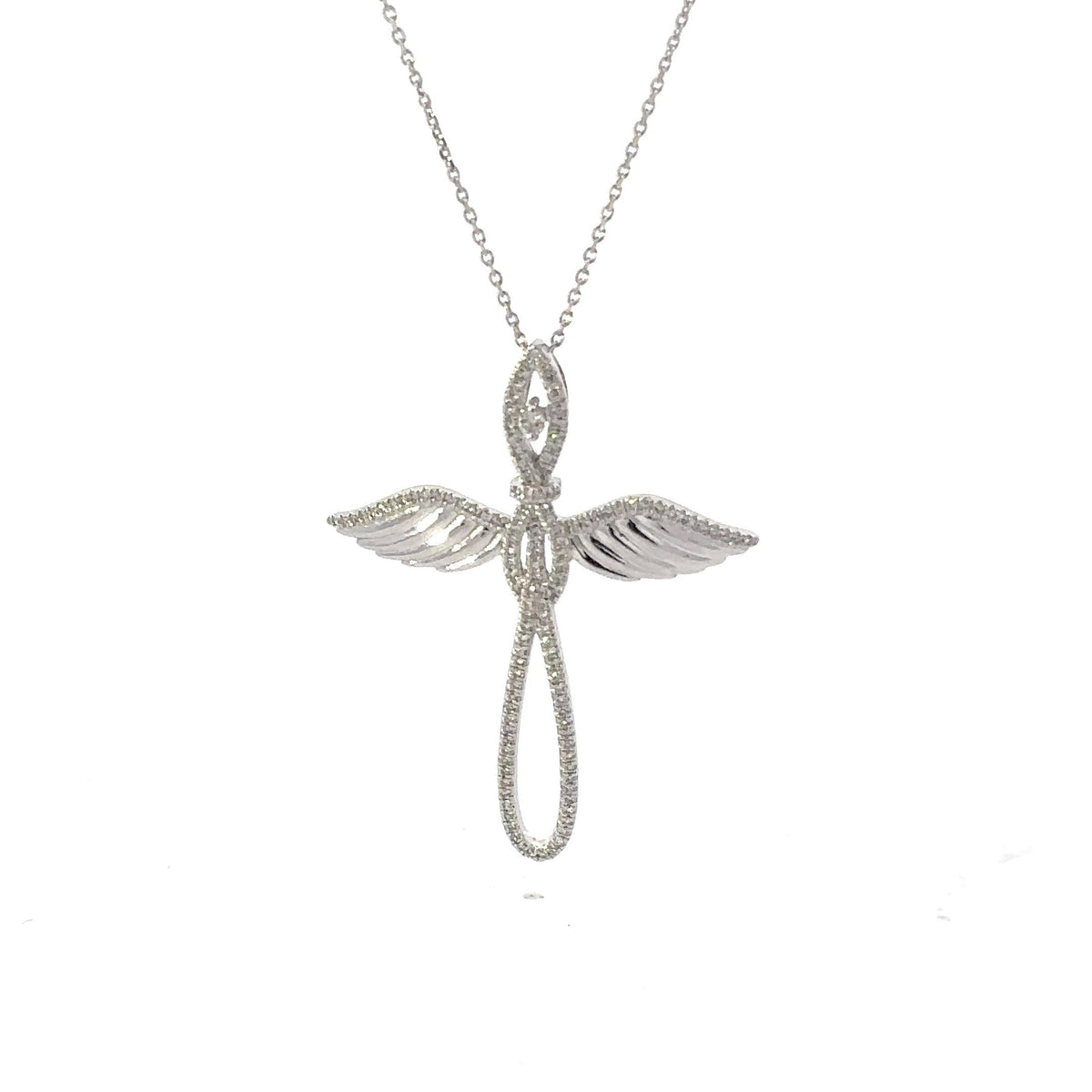 14k White Gold Winged Cross Necklace: Natural Diamond Pendant
