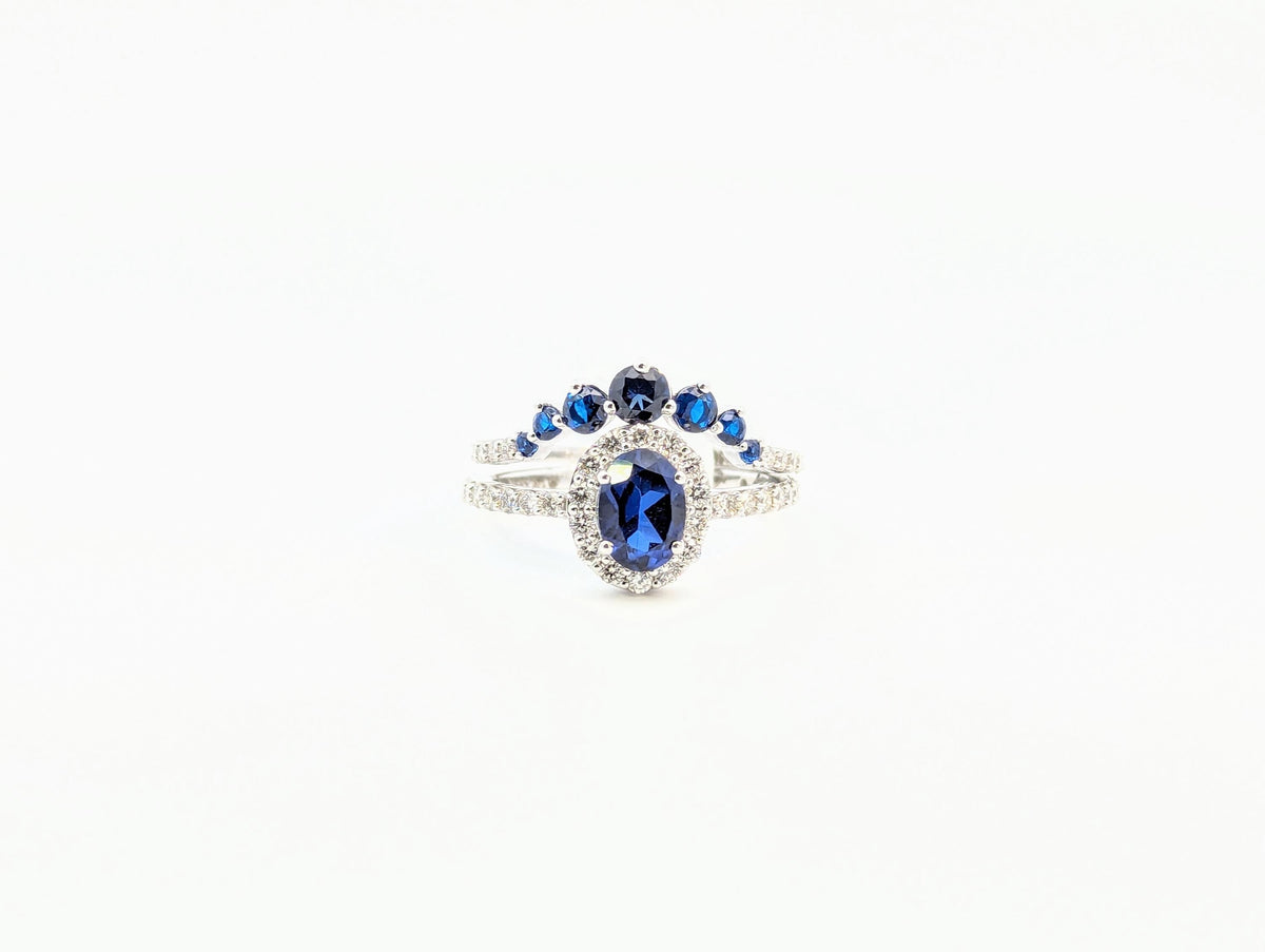 2.28 Ct Blue Sapphire & Oval Cut Diamond Halo Wedding Ring Set | 14k Rose / White / Yellow Gold