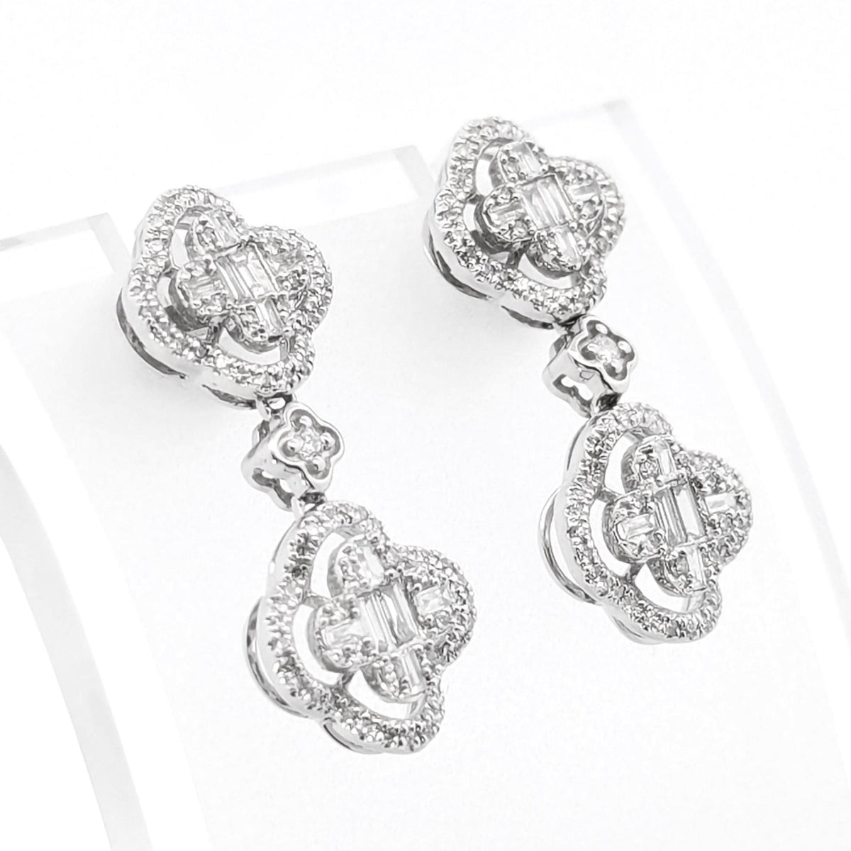 14k White Gold Diamond Drop Earrings: Handmade Clover Design
