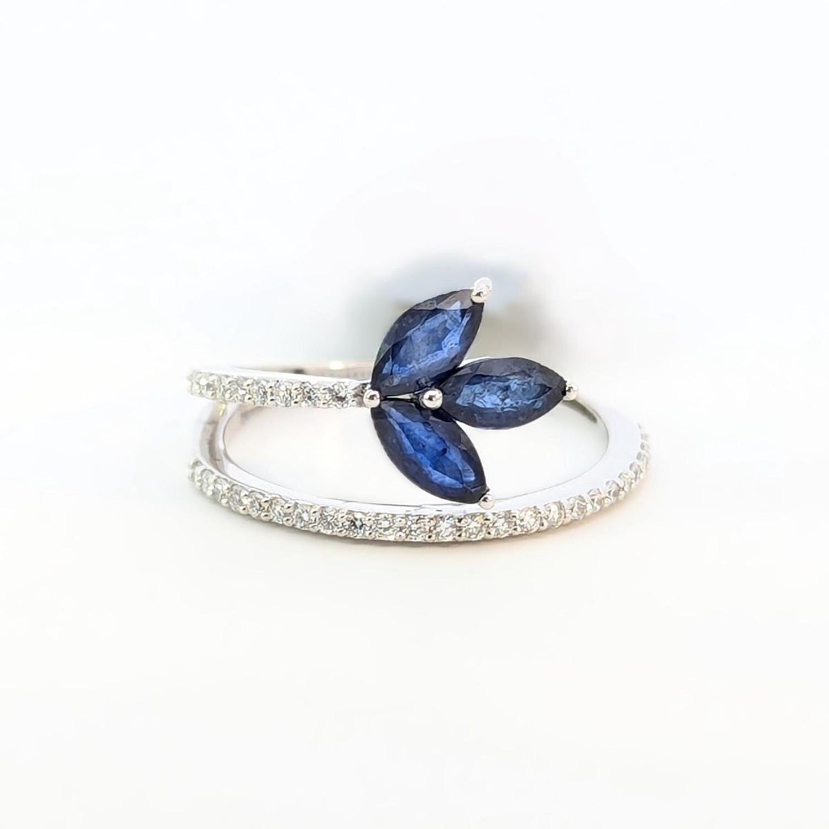 0.20 Ct Lab-Grown Diamond & Blue Marquise Three-Petal Open Ring | 14K White Gold