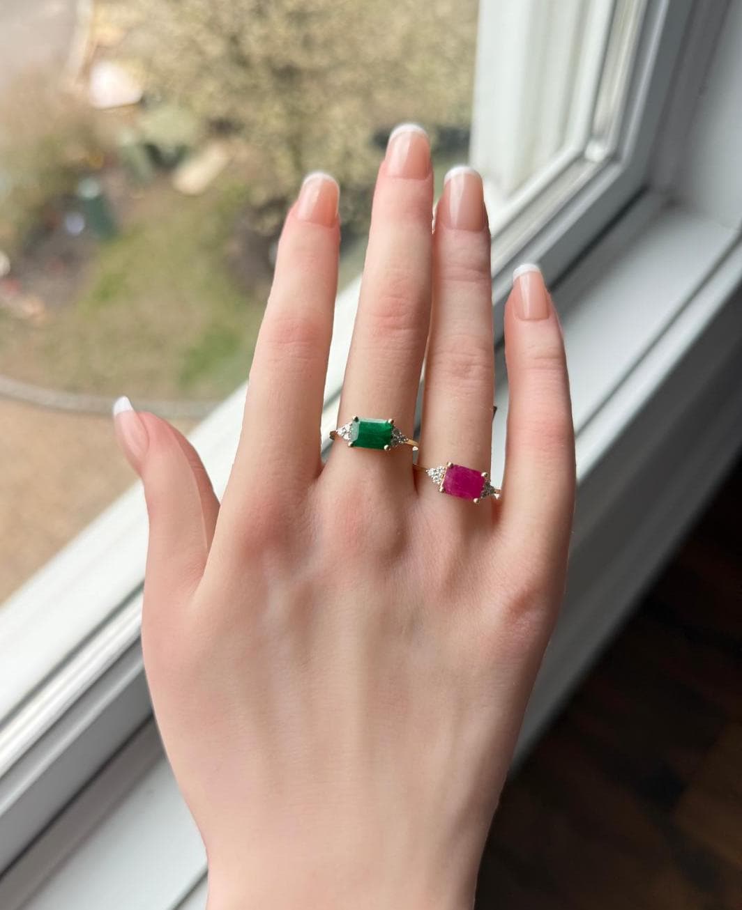 0.15 Ct Lab-Grown Diamond & Emerald-Cut Green Gemstone Engagement Ring | 14K Rose / White / Yellow Gold