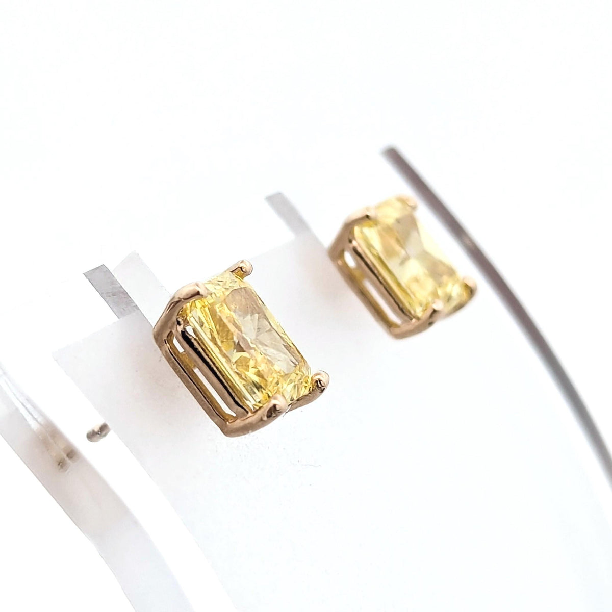 14K Yellow Gold Emerald Cut Vivid Yellow Lab Diamond Stud Earrings