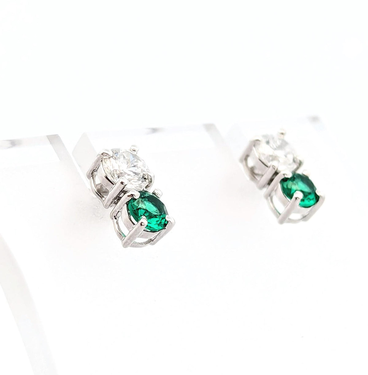 14K White Gold Lab Grown Diamond Earrings: Green Stone Accent