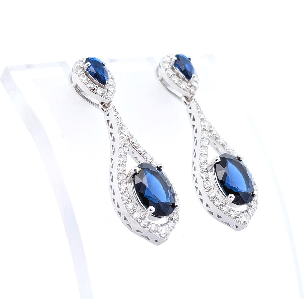 14K White Gold Diamond Earrings: Blue Color Stone Drop, Fine Jewelry