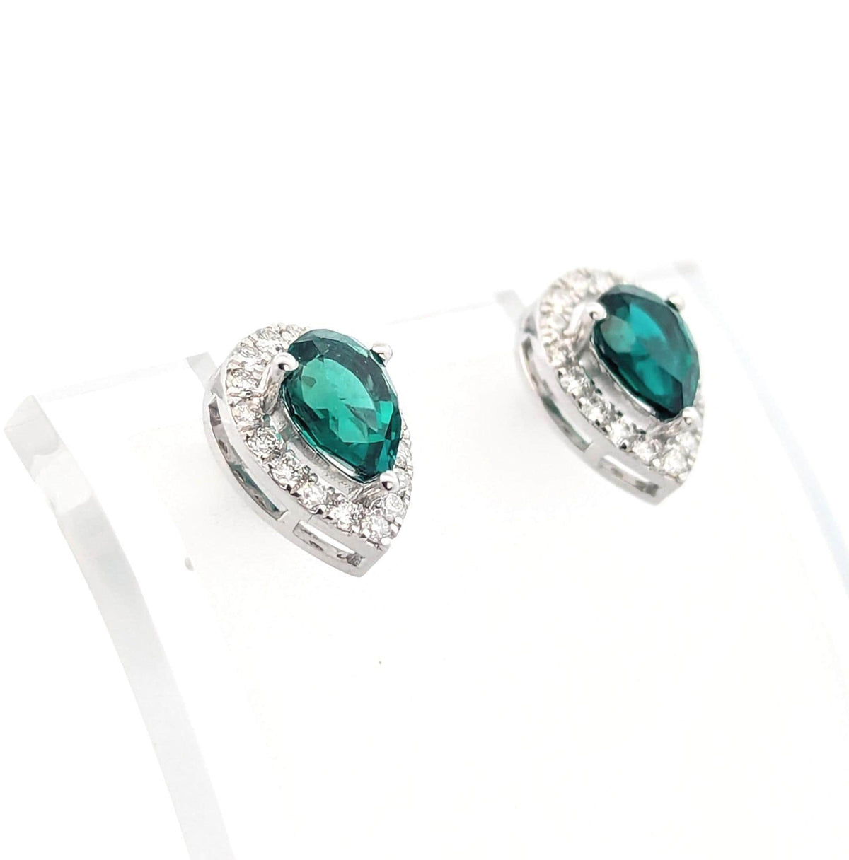 14K White Gold Pear Earrings: Diamond & Green Gemstone - Fine Jewelry