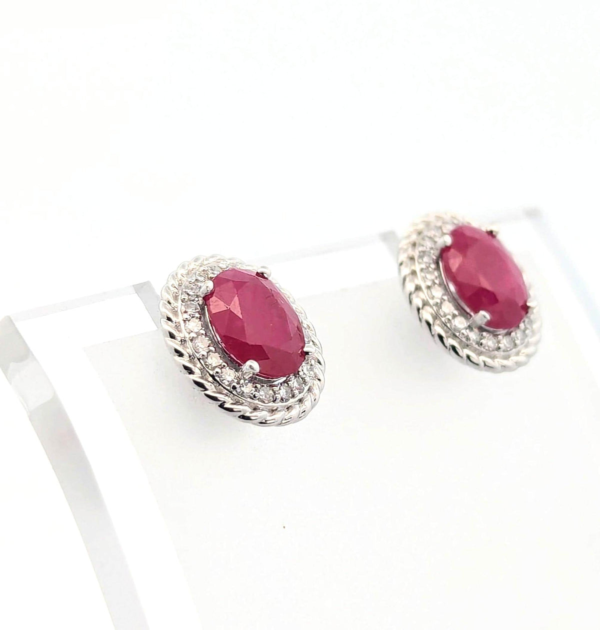 14K White Gold Oval Ruby Earrings: Natural Diamond Accent