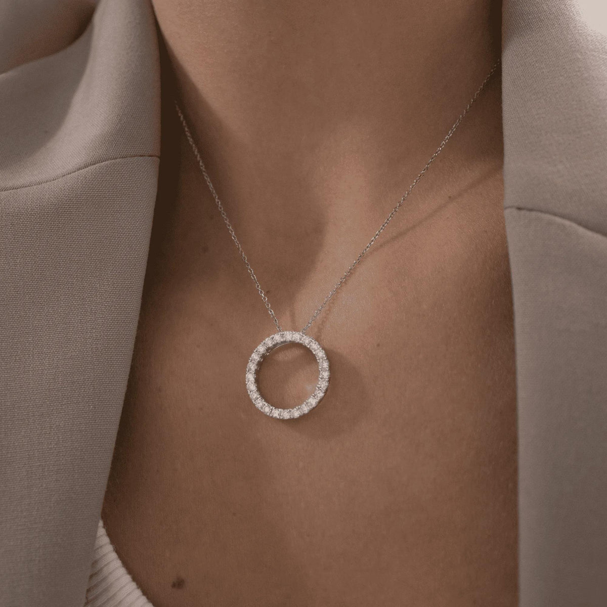 5 CT Lab Grown VVS Diamond Circle Pendant: 14K White Gold Halo