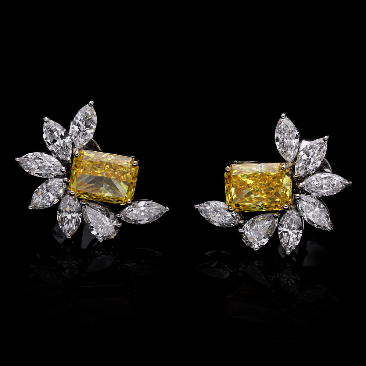 VVS Yellow Color Radiant with White Marquise Cut Lab-Grown Diamond Studs Earrings with 14K White Gold