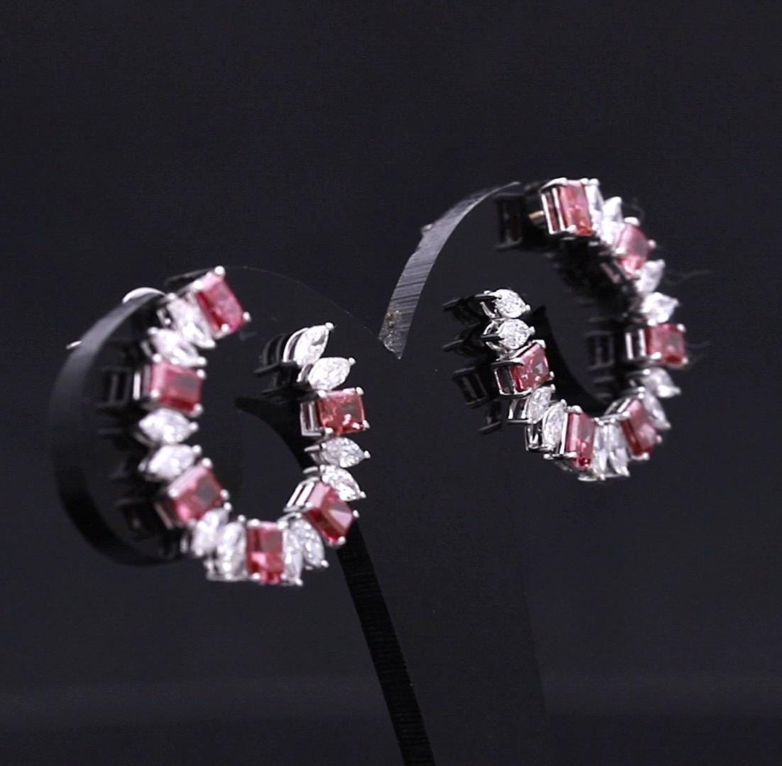 2.80 Ct Red Color Radiant with White Marquise Lab Grown Diamond Earrings with 14K White Gold