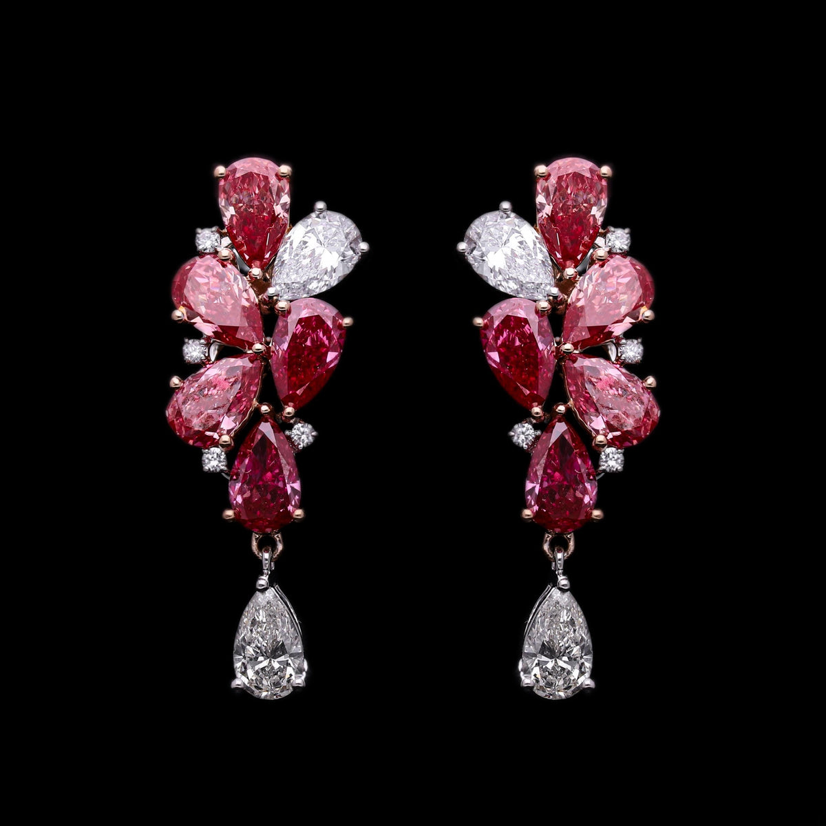 2.85 Ct Pink Color and White Pear cut Lab Grown Diamond Earrings with 14K White Gold