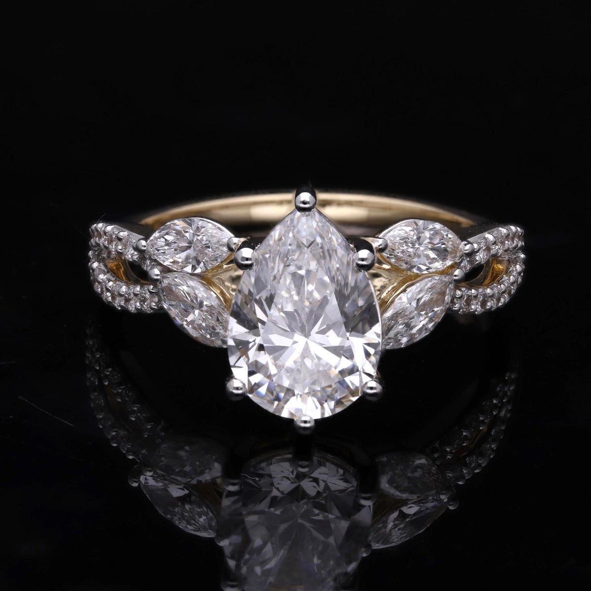 VVS Pear with Marquise and Round cut Labgrown Diamond Engagement Ring with 14k Gold
