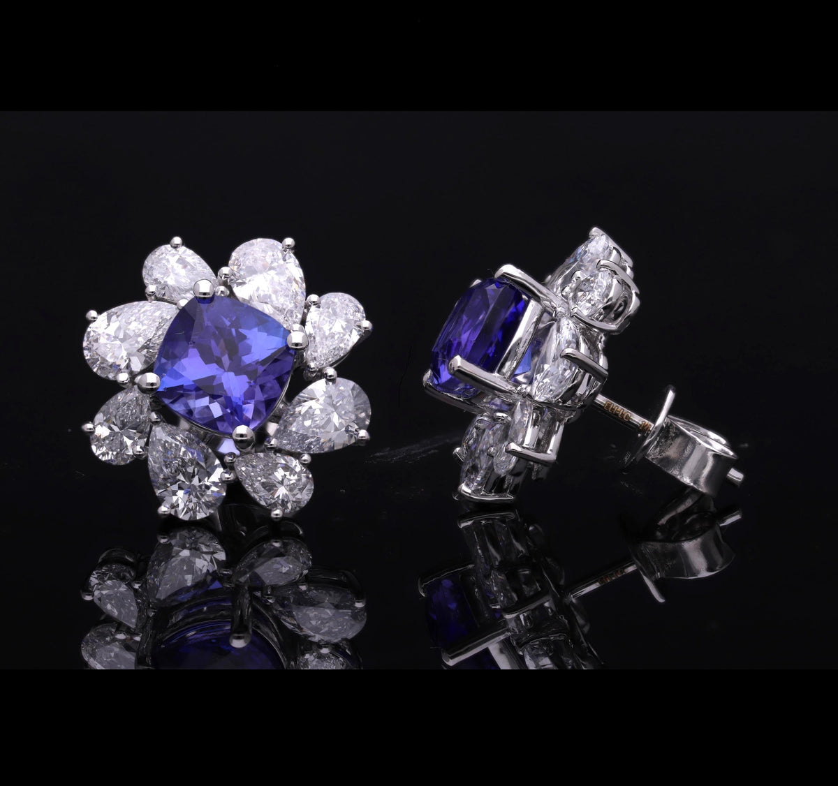 VVS Pear Cut Lab-Grown Diamond with Cushion Tanzanite Gemstone Studs Earrings with 14K White Gold