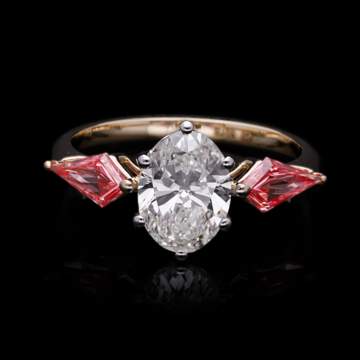 2.10 Ct VVS Oval with Pink/Blue Color Kite shape Labgrown Diamond Three Stone Engagement Ring with 14k Gold