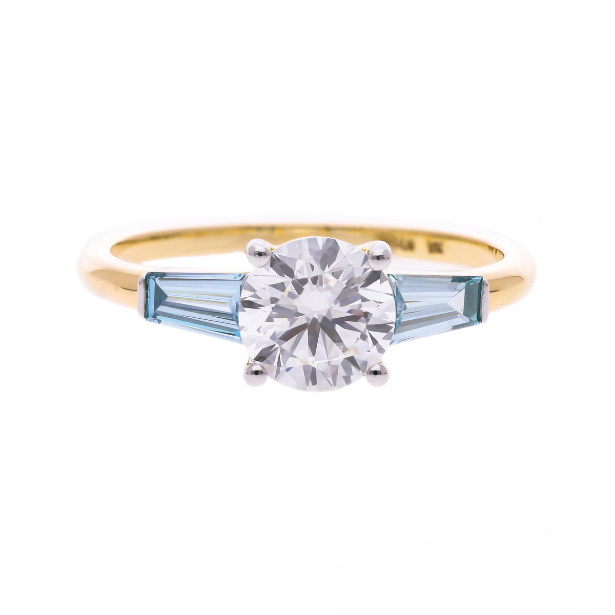 1.50 Ct Blue Color Tapered Baguette with White Round Brilliant Cut Labgrown Diamond Three stone Engagement Ring with 14k Gold