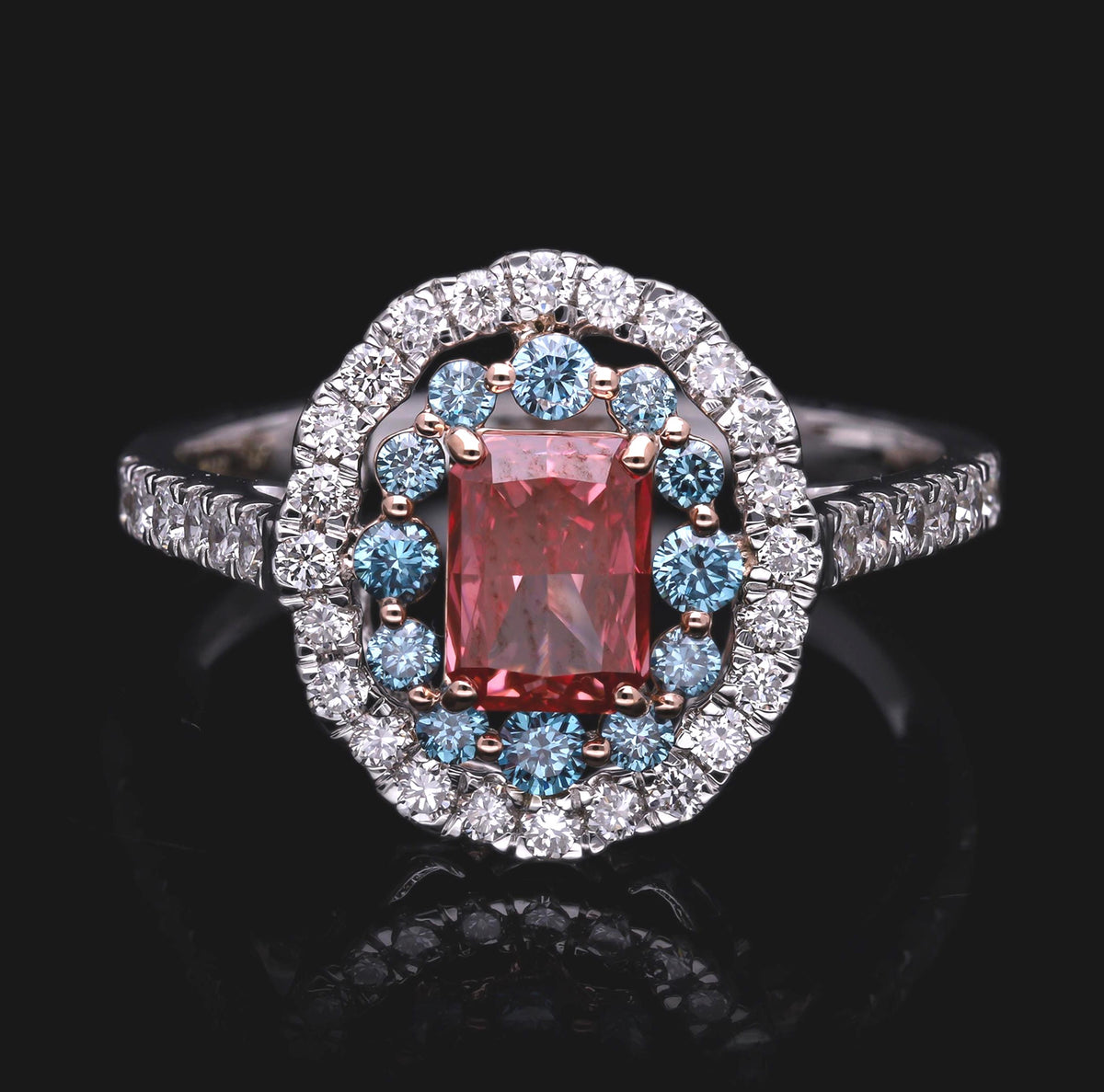 1.50 Ct Color Radiant with Blue and White Round Brilliant Cut Labgrown Diamond Halo Engagement Ring with 14k Gold