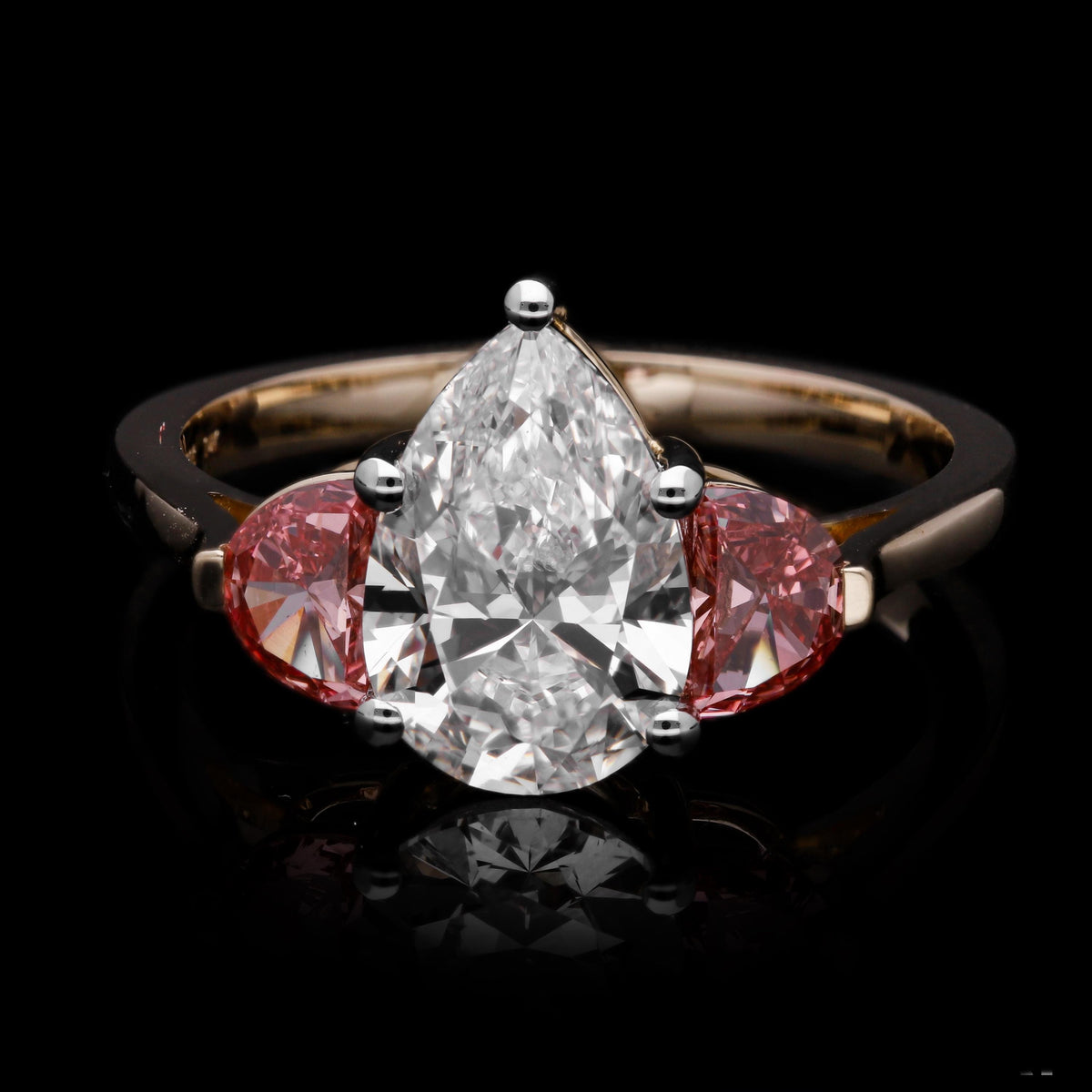 2.50 Ct VVS Pear with Pink Color Half Moon Cut Lab Grown Diamond Three stone Engagement Ring with 14k Yellow Gold