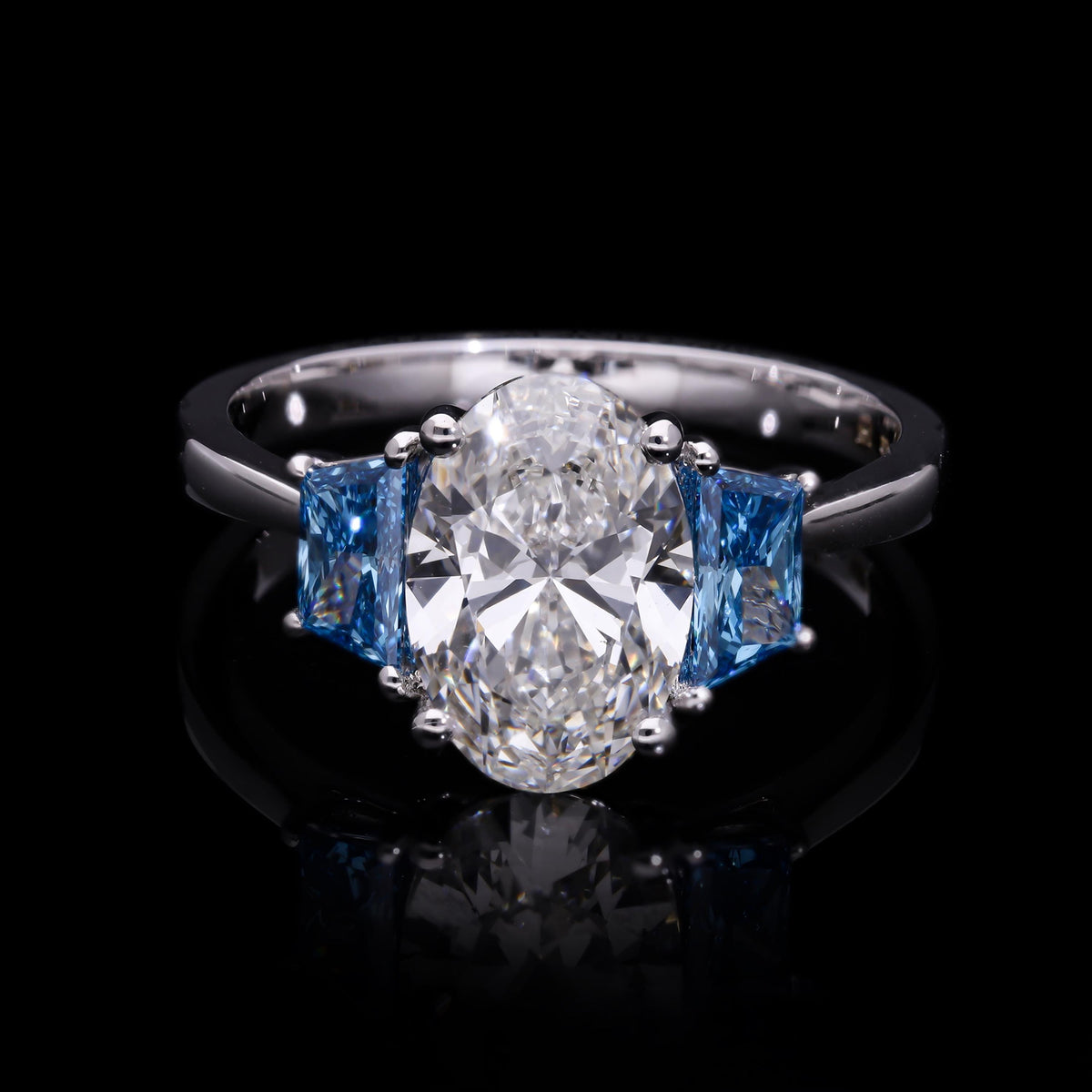 2.65 Ct VVS Radiant with Blue Color Trapezoid Cut Lab Grown Diamond Three stone Engagement Ring with 14k Yellow Gold