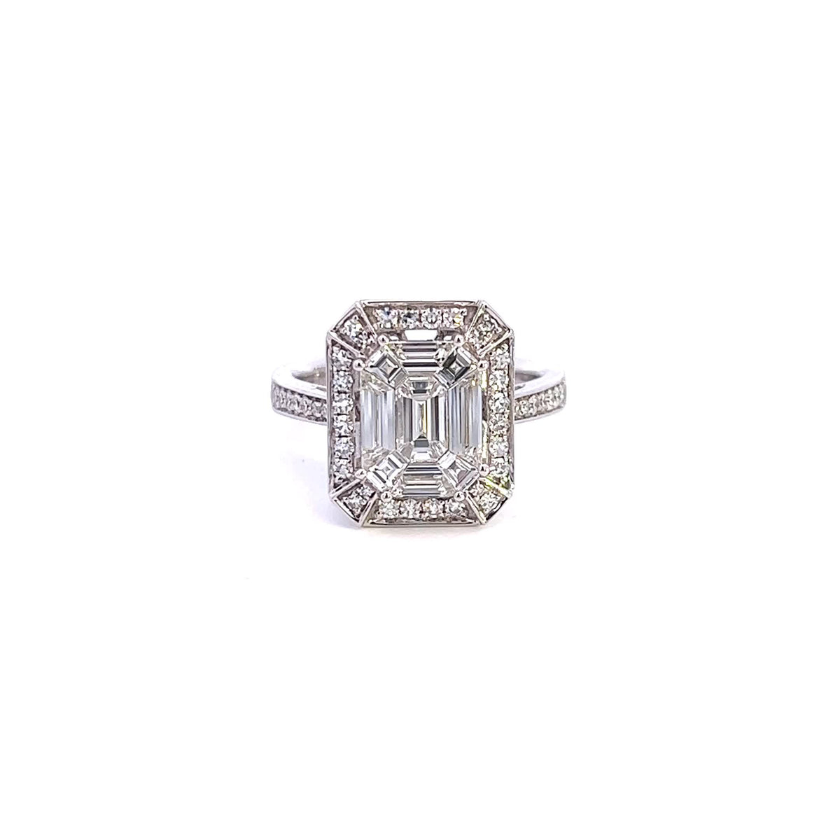 Round And Emerald Illusion Unique Art Deco Style Diamond Gold Engagement Ring