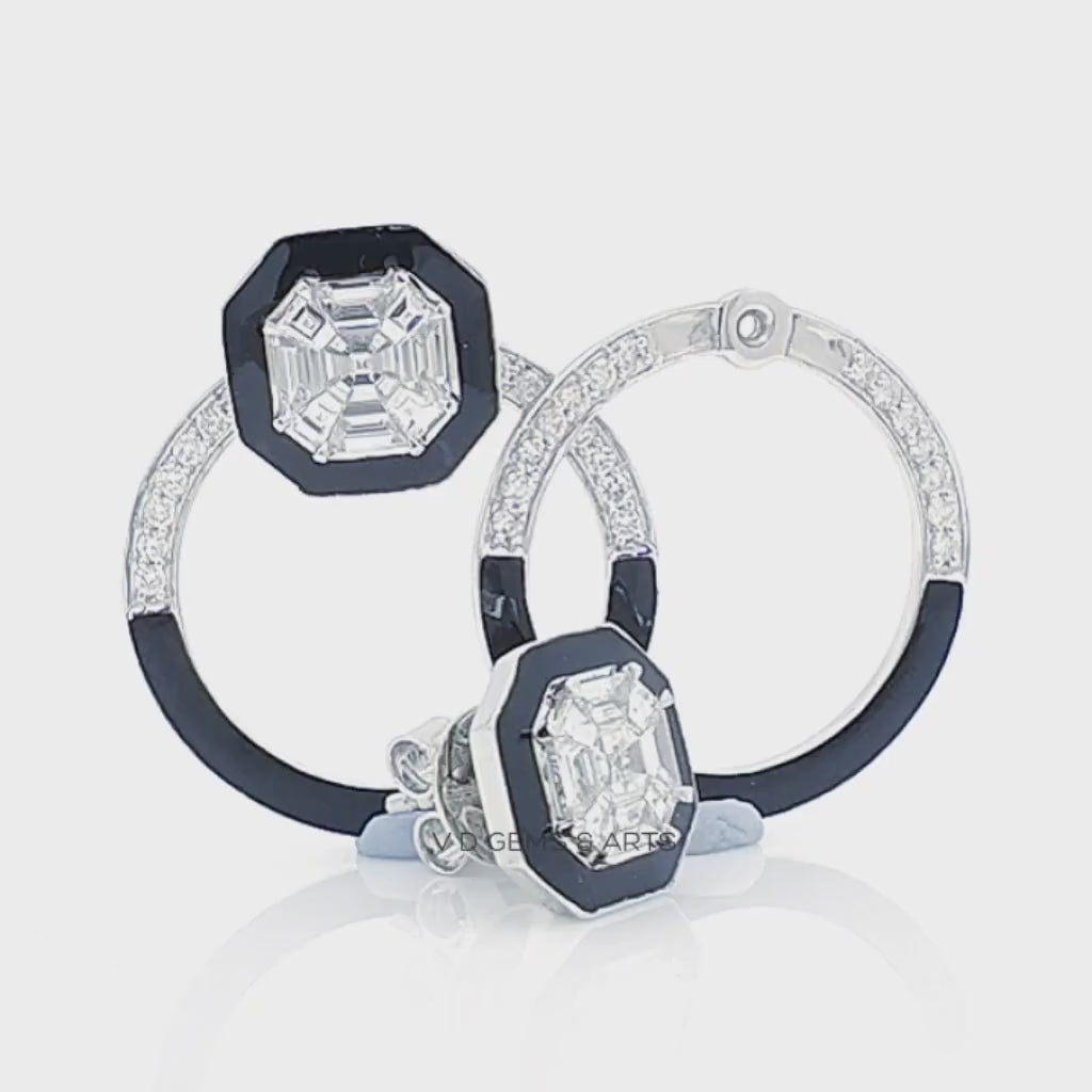 Round And Asscher Illusion Cut Onyx Diamond Gold Hoop Earring