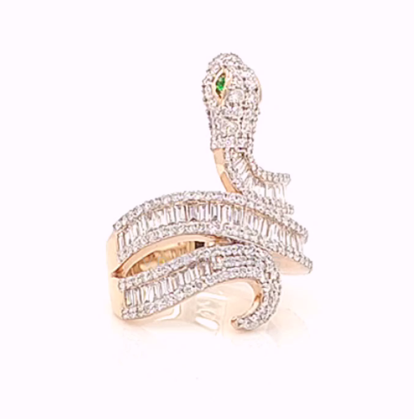 Elegant Round & Baguette Cut Diamond Snake Gold Ring