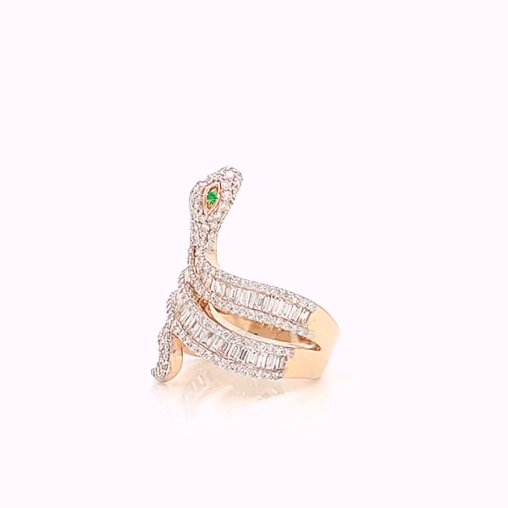 Elegant Round & Baguette Cut Diamond Snake Gold Ring