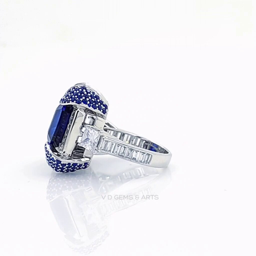 Blue Asscher ,Round & Baguette Illusion Cut Diamond Sapphire Gold Engagement Ring