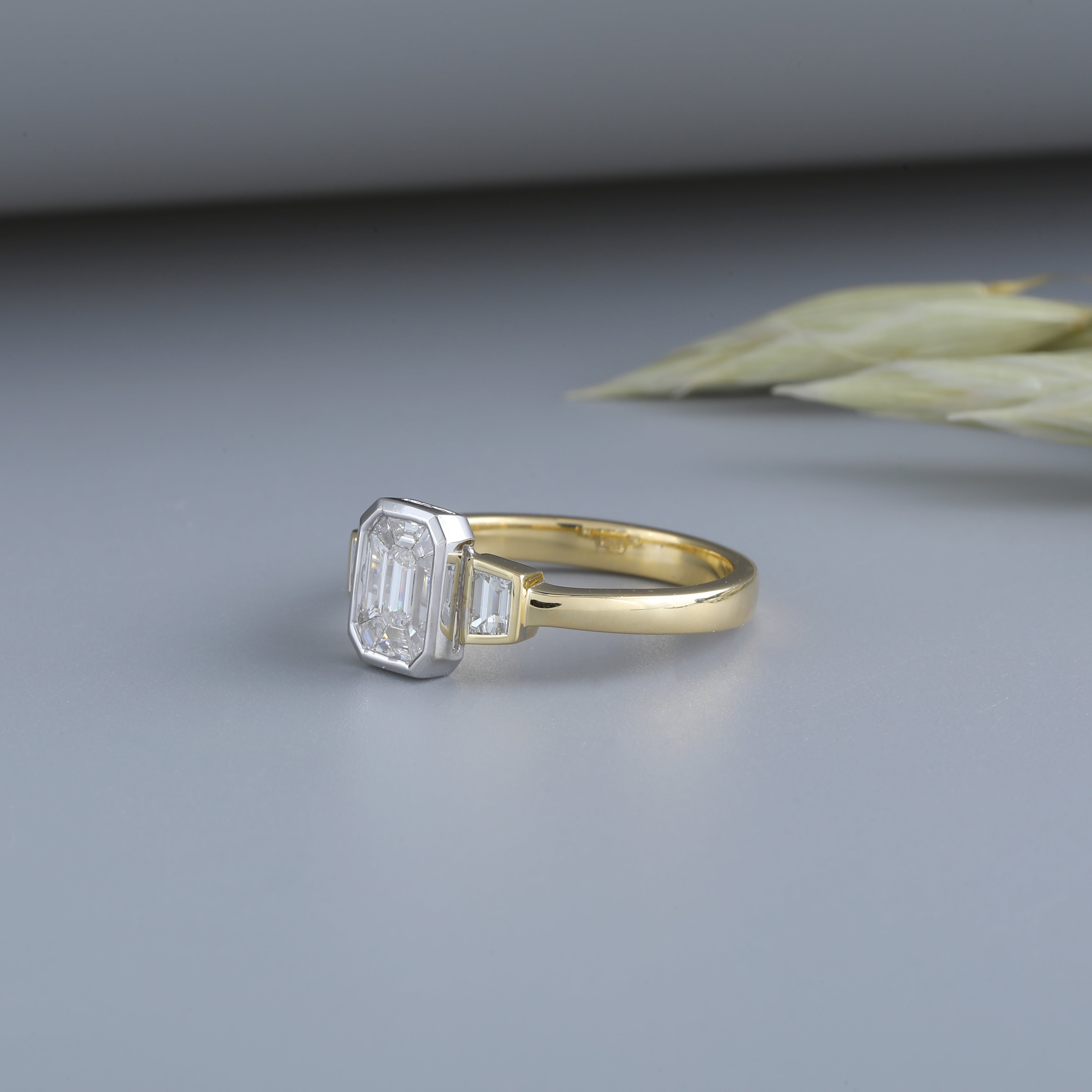 Emerald Cut Three Stone Bezel Setting Diamond Gold Ring