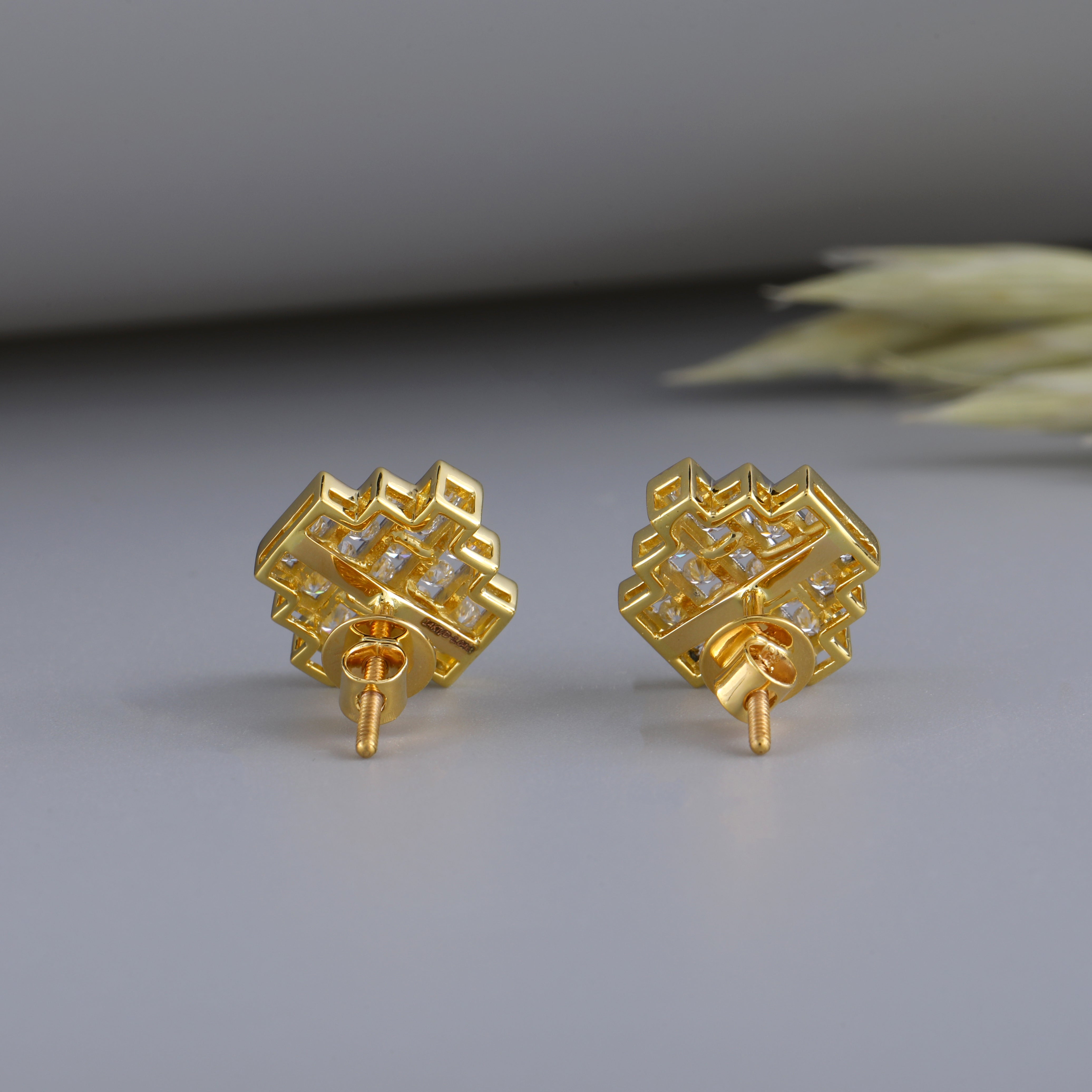 Round Cut Square Shape Diamond Gold Earrings