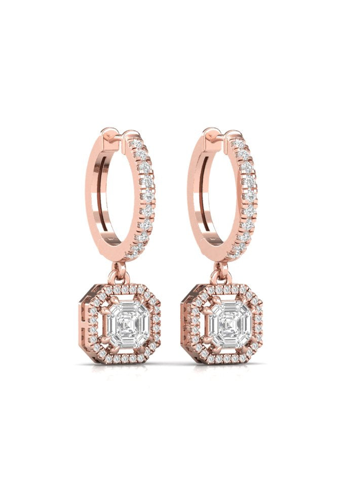 Round & Asscher Illusion Cut Halo Diamond Rose Gold Hoop Earring