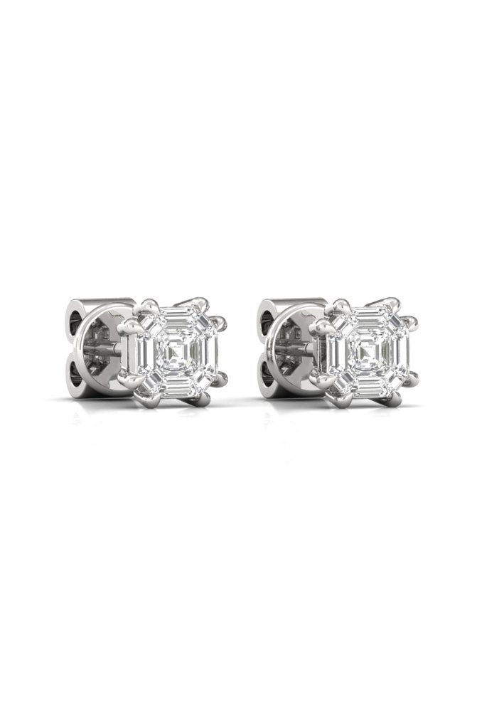 Asscher Illusion Solitaire Diamond Yellow Gold Stud Earring