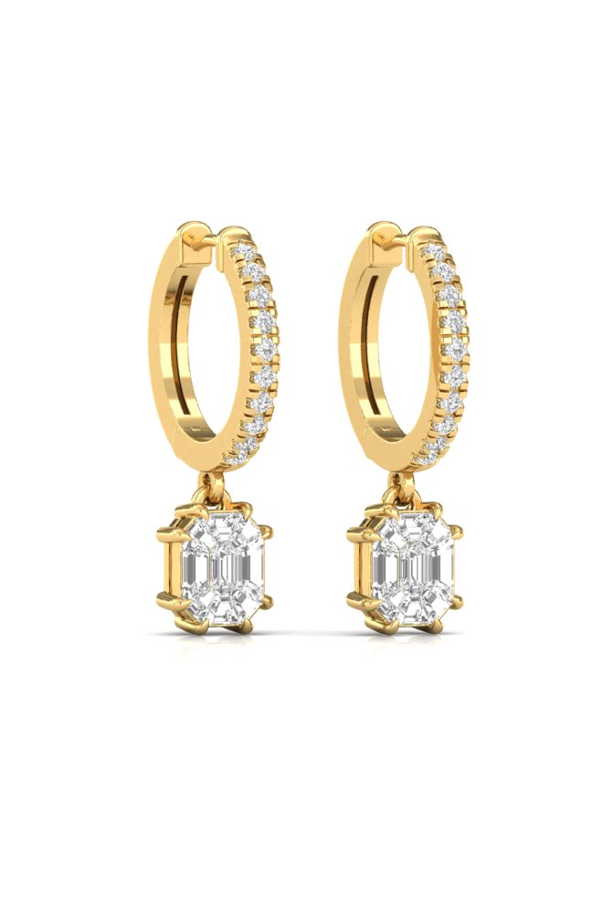 Round & Emerald Illusion Cut Diamond Yellow Gold Hoop Earring