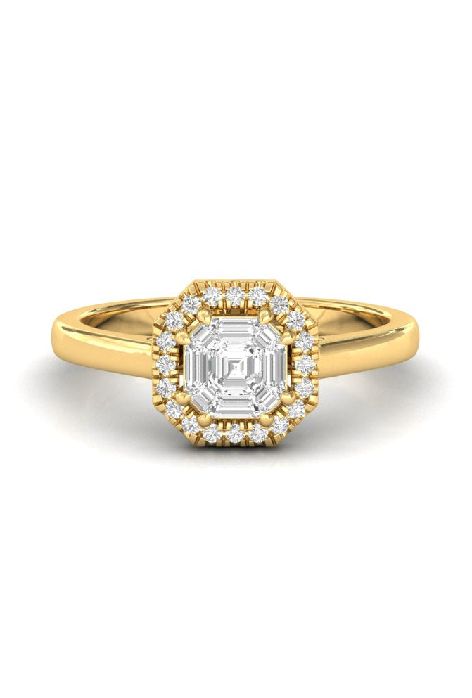 Round & Asscher Illusion Cut Halo Pattern Diamond Gold Ring